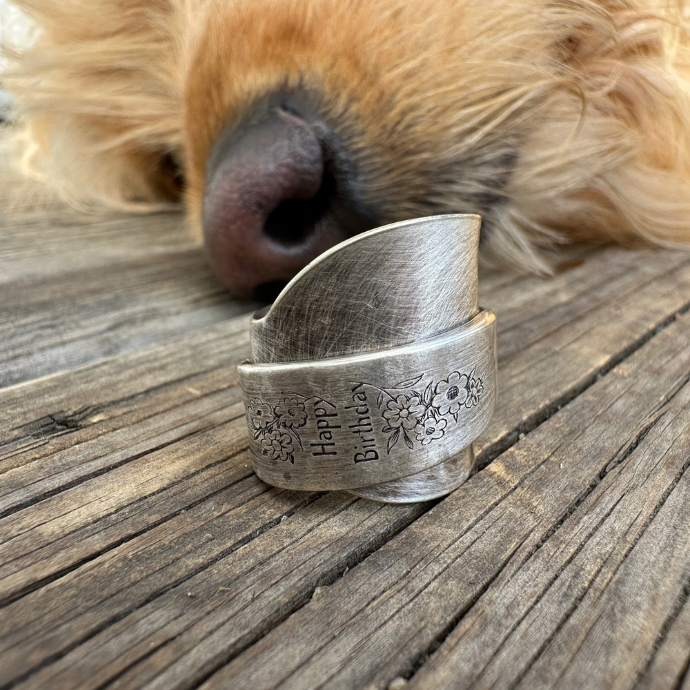 Happy Birthday Handmade Upcycled Spoon Ring size 8‎